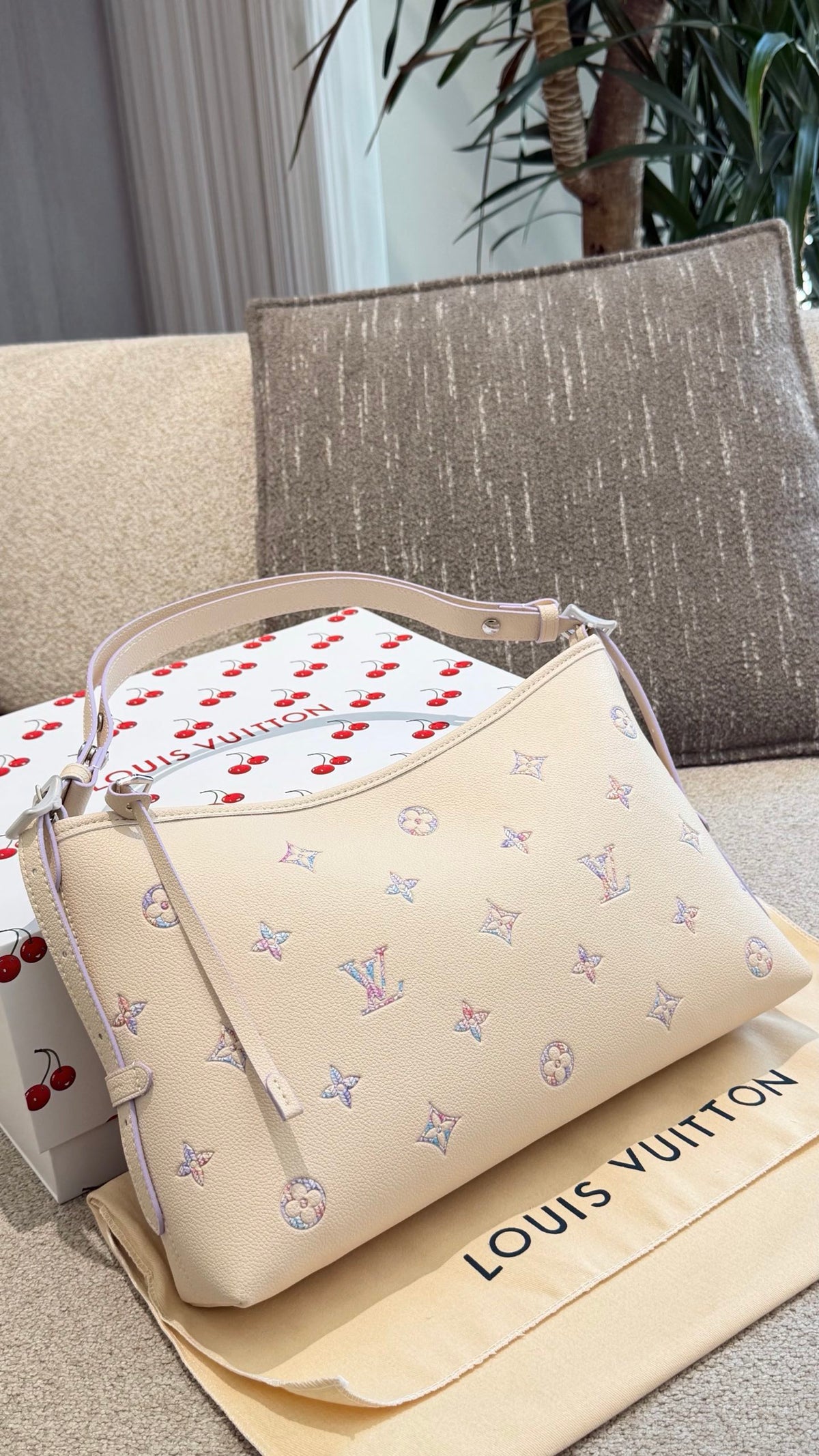 Cuero | Pastel Embroidered Monogram Shoulder Hobo Bag - Cream