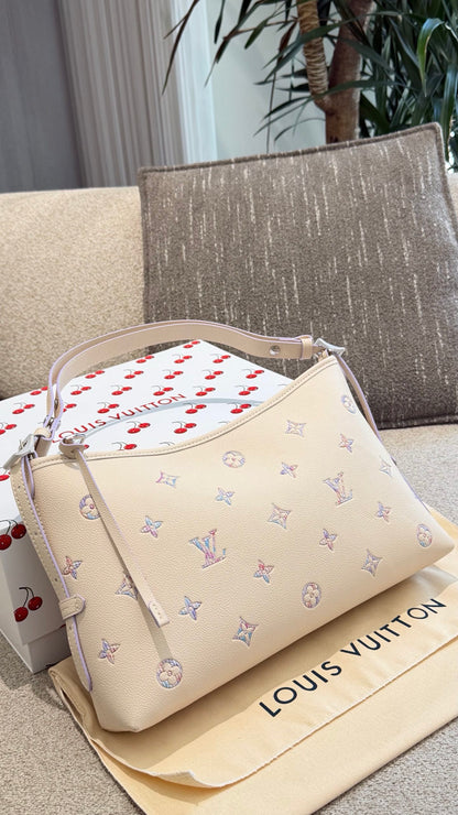 Cuero | Pastel Embroidered Monogram Shoulder Hobo Bag - Cream