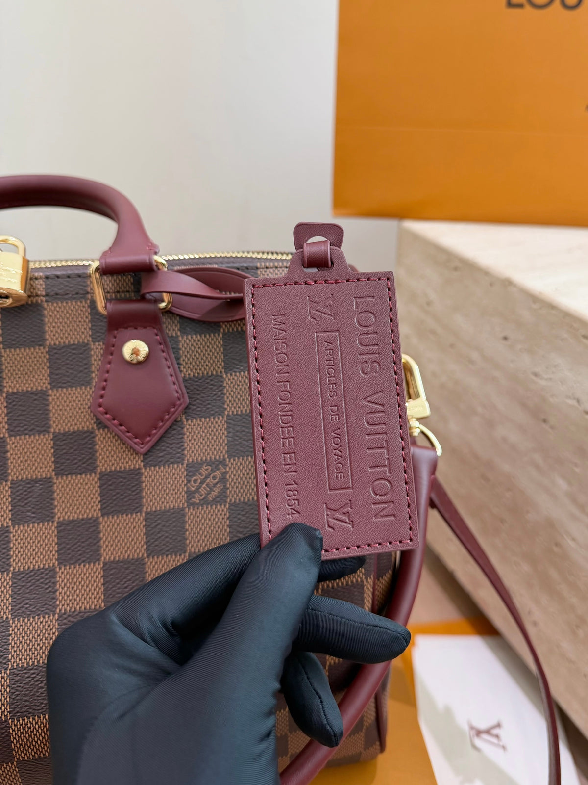 Cuero | Checkered Barrel Satchel Bag - Bordeaux Check