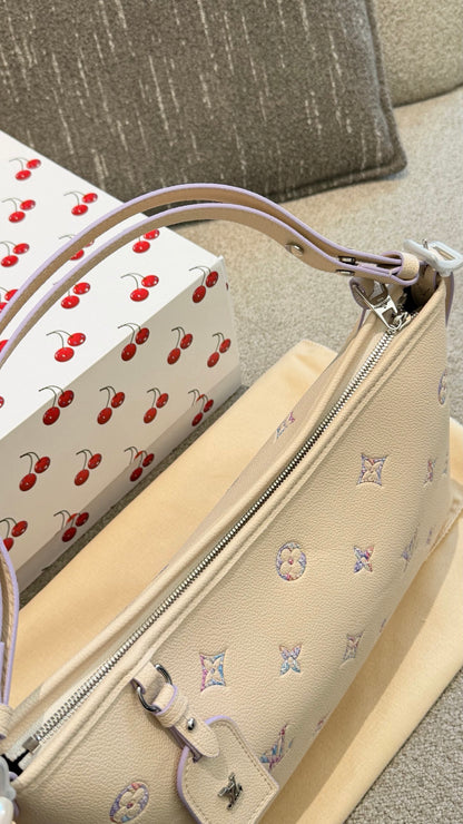 Cuero | Pastel Embroidered Monogram Shoulder Hobo Bag - Cream