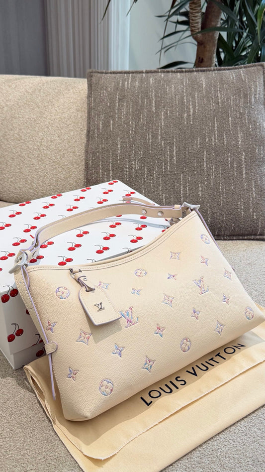 Cuero | Pastel Embroidered Monogram Shoulder Hobo Bag - Cream