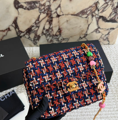 Cuero | Multicolor Tweed Charm Chain Flap Bag - Navy Red
