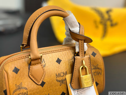 Cuero | Mini Logo Print Barrel Boston Bag - Tan Cognac