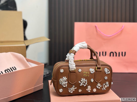 Cuero | Crystal Floral Embellished Mini Duffle Top Handle Bag - Tan Brown
