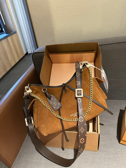 Cuero | Monogram Suede Chain Link Hobo Bag - Tan Brown