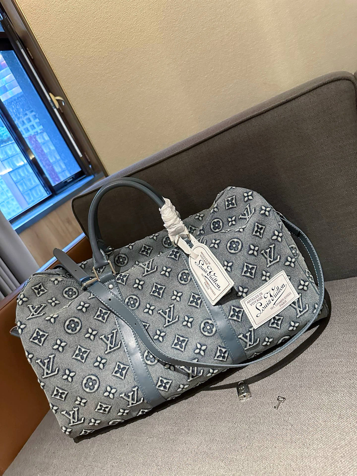 Cuero | Monogram Denim Boston Duffle Bag - Washed Grey Blue