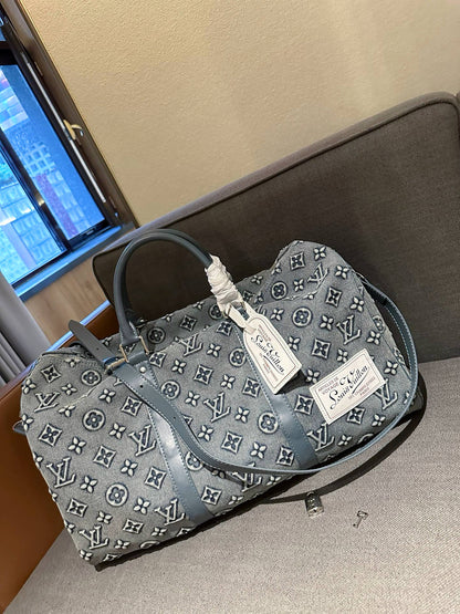 Cuero | Monogram Denim Boston Duffle Bag - Washed Grey Blue