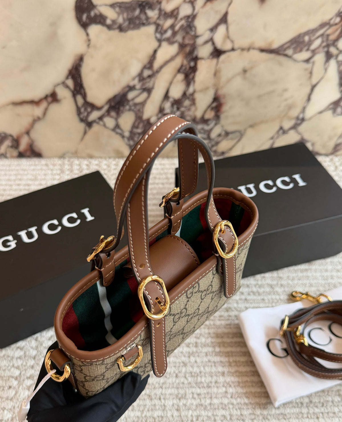 Cuero | Signature Monogram Mini Buckle Tote Bag - Beige & Brown Monogram