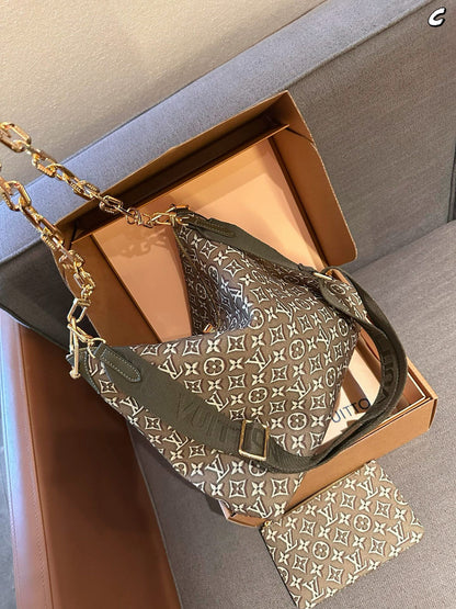Cuero | Monogram Jacquard Chain Link Hobo Bag with Pouch - Olive Green