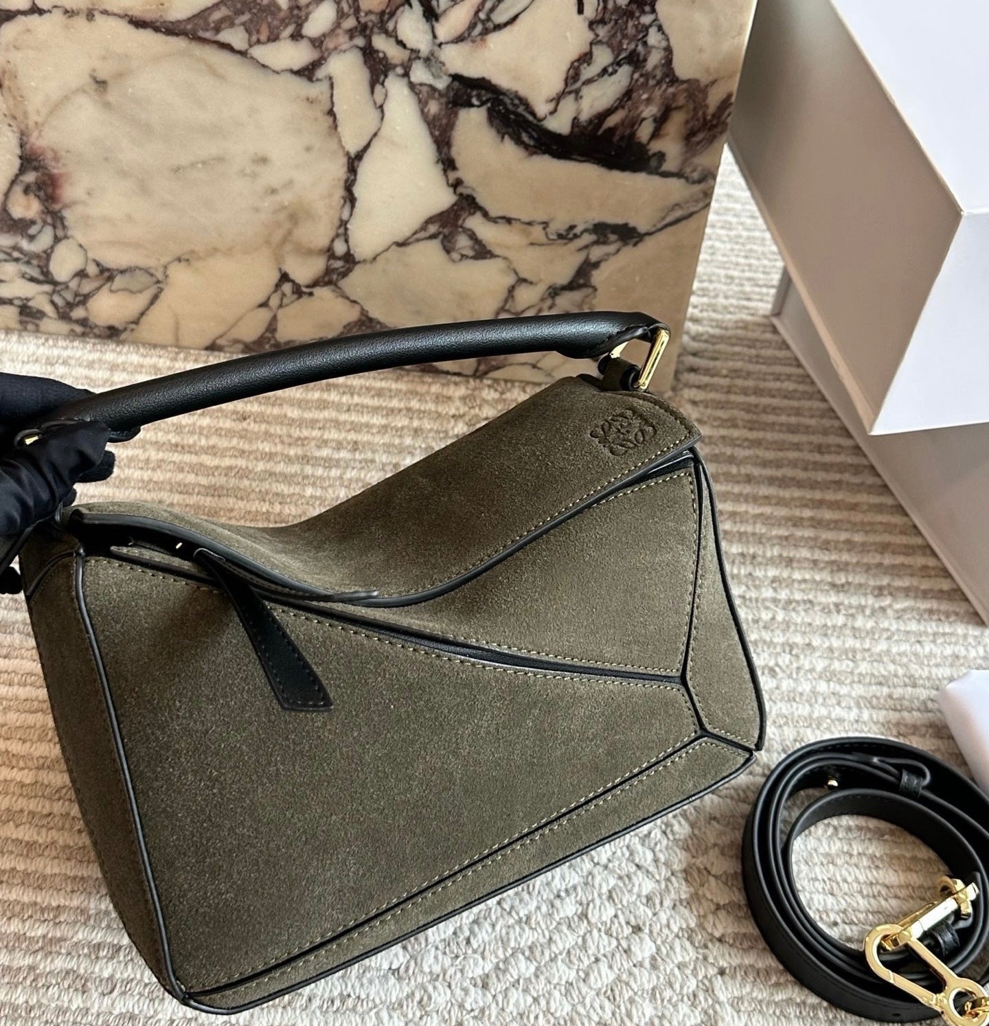 Cuero | Olive Suede Geometric Top Handle Bag