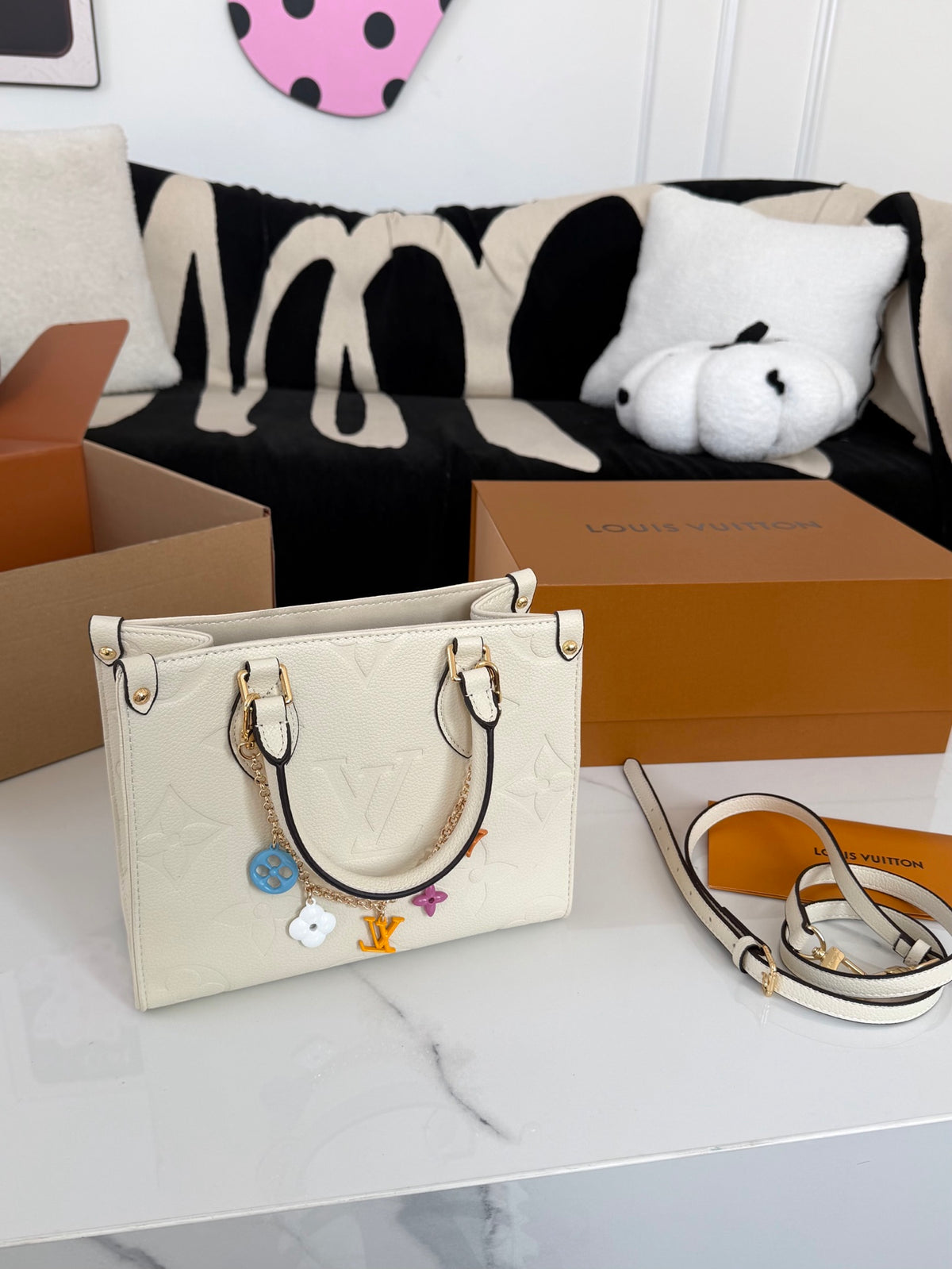 Cuero | Embossed Monogram Charm Chain Tote Bag - Cream White