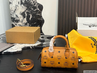 Cuero | Mini Logo Print Barrel Boston Bag - Tan Cognac