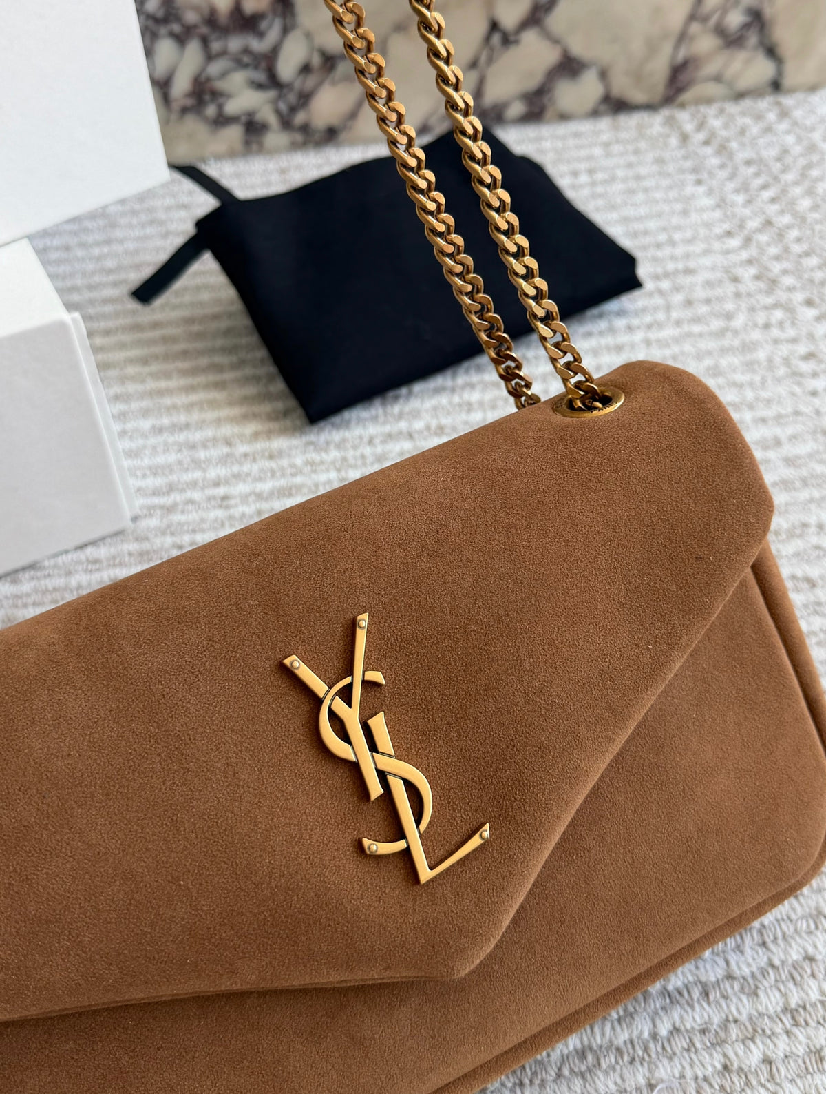 Cuero | Suede Asymmetric Logo Flap Chain Bag - Tan Brown