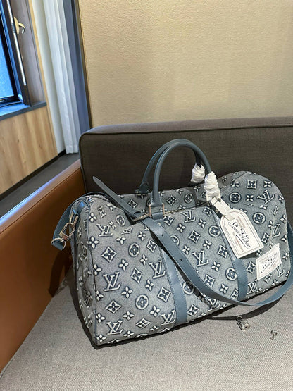 Cuero | Monogram Denim Boston Duffle Bag - Washed Grey Blue