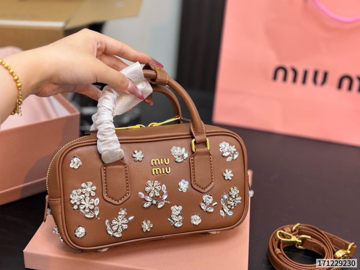 Cuero | Crystal Floral Embellished Mini Duffle Top Handle Bag - Tan Brown