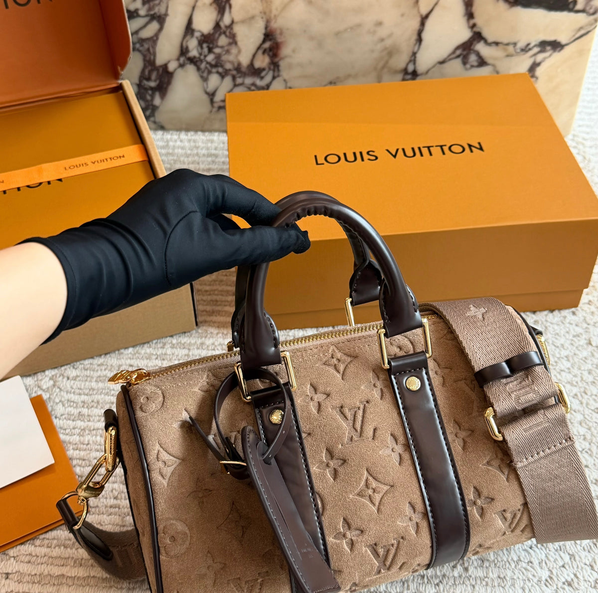 Cuero | Beige Monogram Embossed Boston Bag