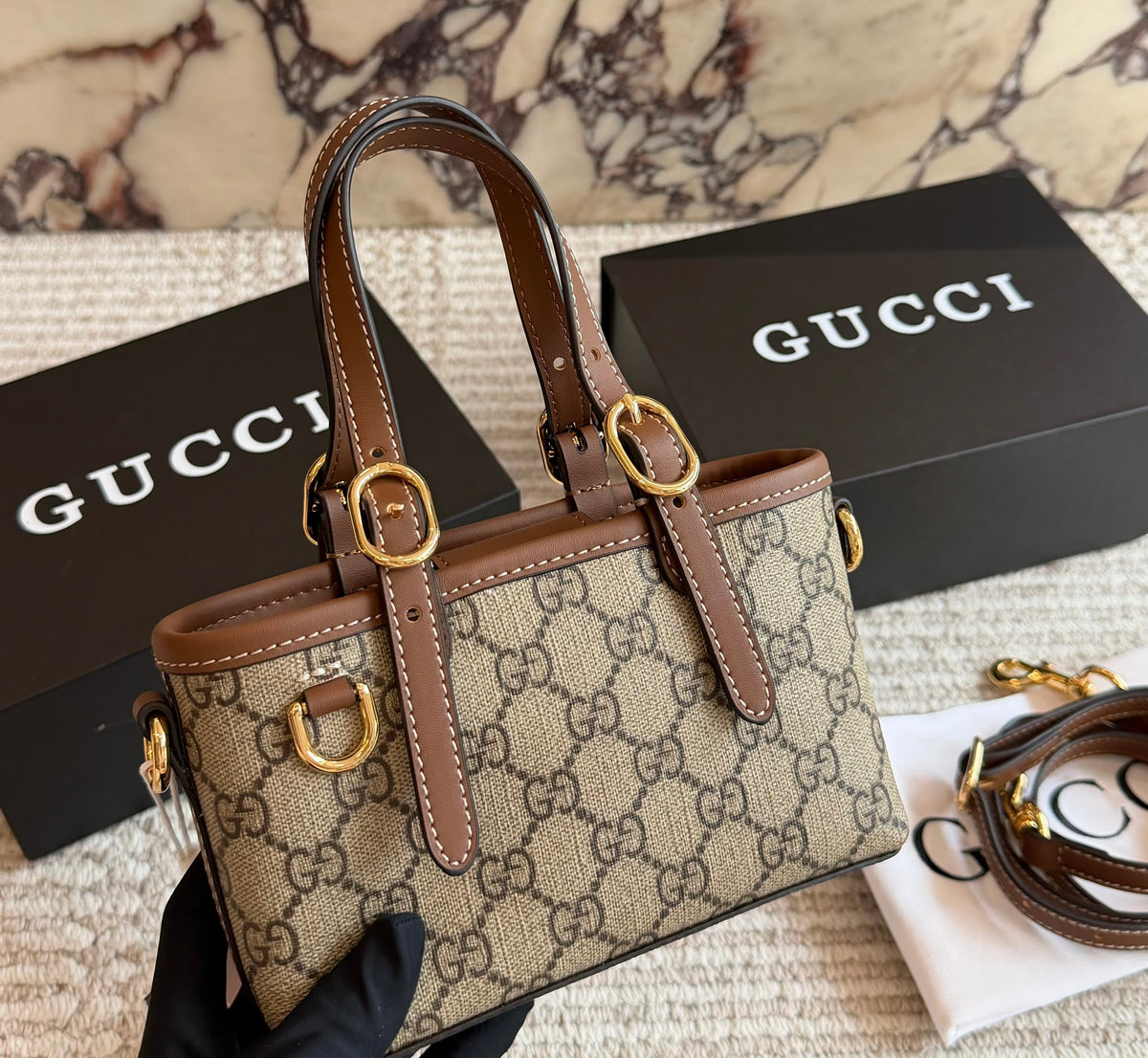 Cuero | Signature Monogram Mini Buckle Tote Bag - Beige & Brown Monogram