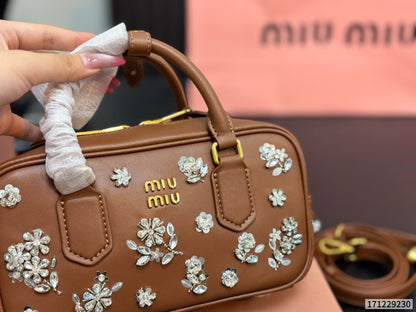 Cuero | Crystal Floral Embellished Mini Duffle Top Handle Bag - Tan Brown