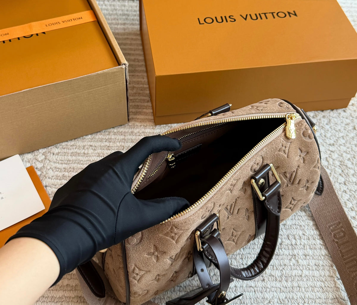 Cuero | Beige Monogram Embossed Boston Bag