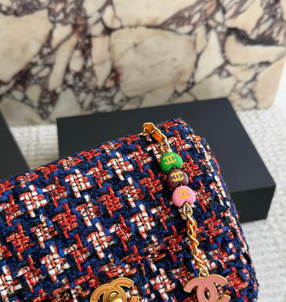 Cuero | Multicolor Tweed Charm Chain Flap Bag - Navy Red