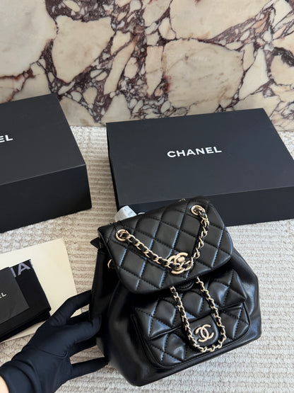 Cuero | Diamond Quilted Dual Flap Chain Backpack - Black