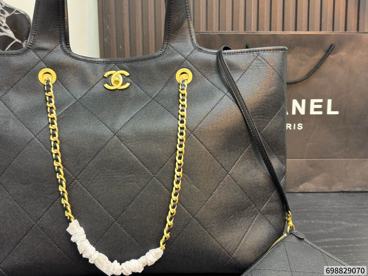 Cuero | Quilted Chain Shopper Tote Bag - Noir Black
