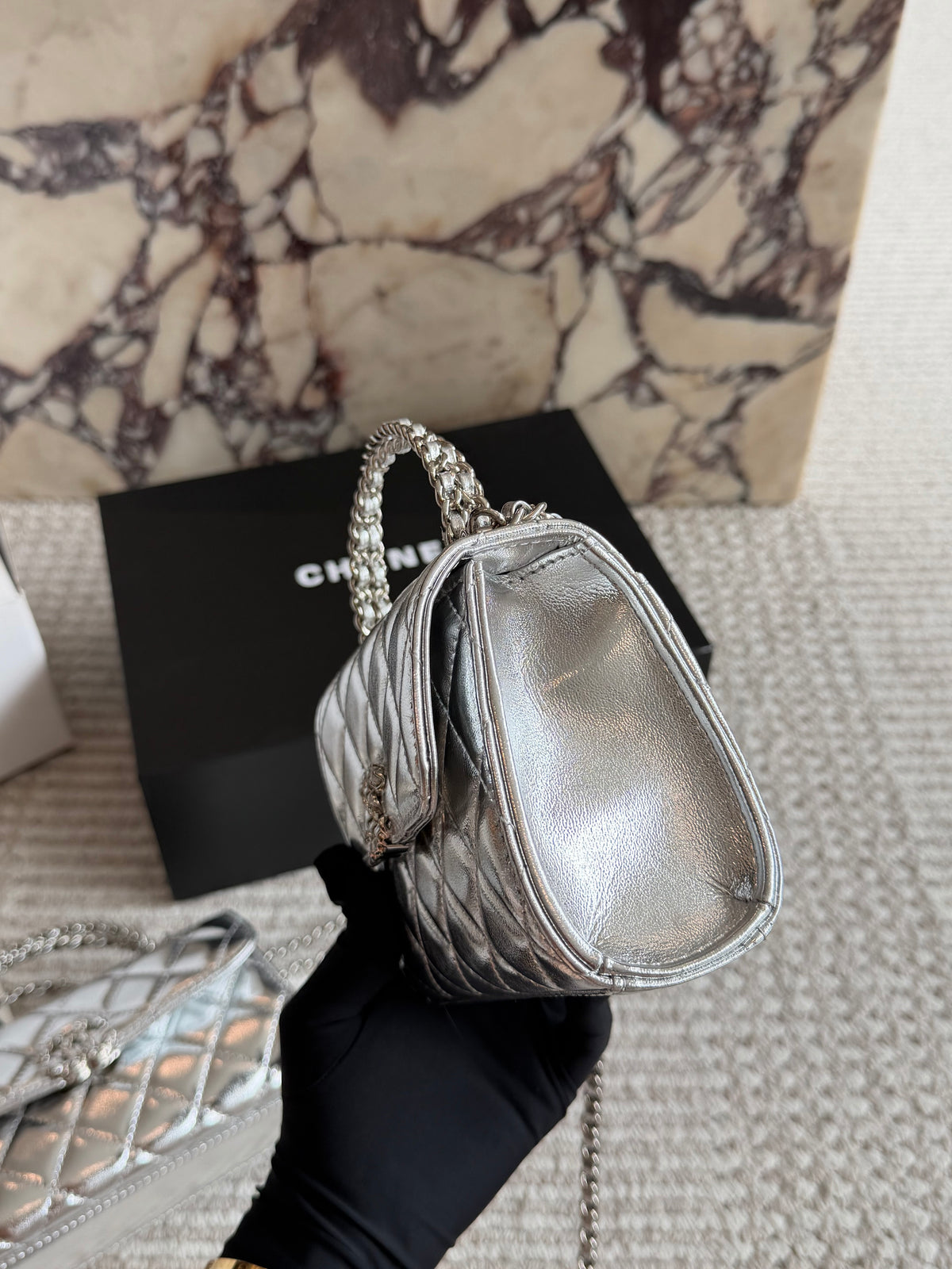Cuero | Mini Quilted Top Handle Flap Bag - Metallic Silver