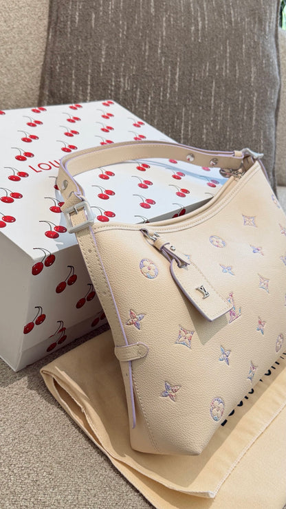 Cuero | Pastel Embroidered Monogram Shoulder Hobo Bag - Cream