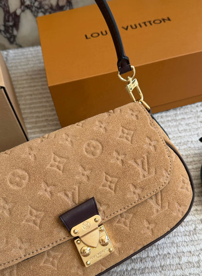 Cuero | Monogram Embossed Suede Shoulder Bag - Camel