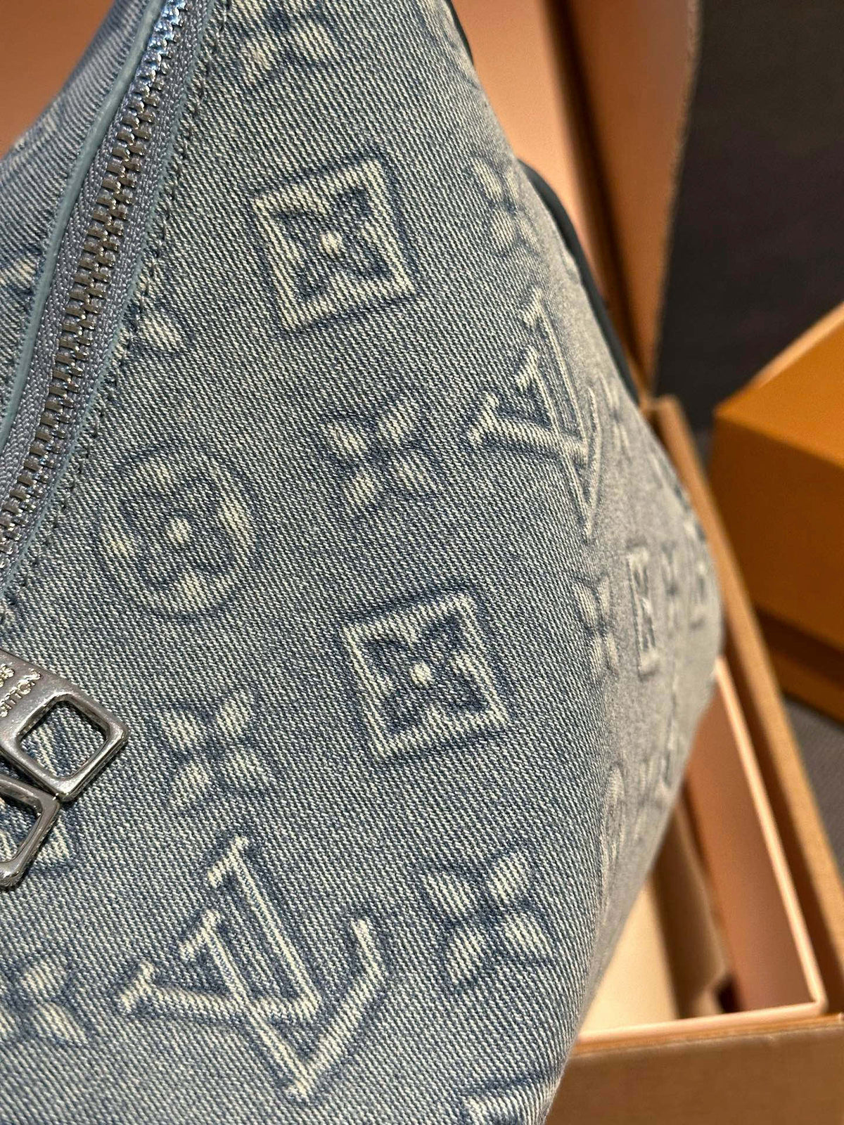 Cuero | Monogram Denim Zip Hobo Shoulder Bag - Washed Blue