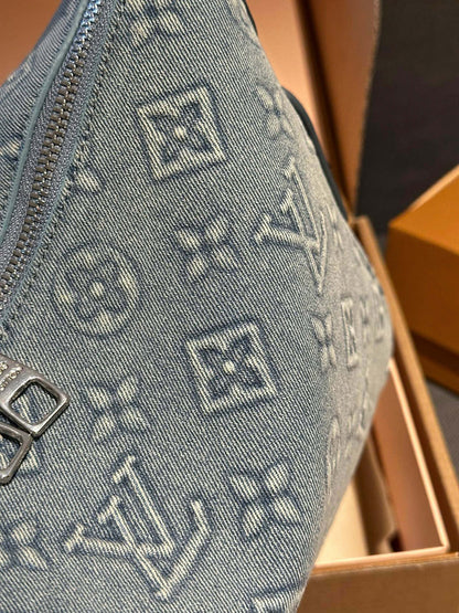Cuero | Monogram Denim Zip Hobo Shoulder Bag - Washed Blue