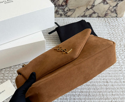Cuero | Suede Asymmetric Logo Flap Chain Bag - Tan Brown
