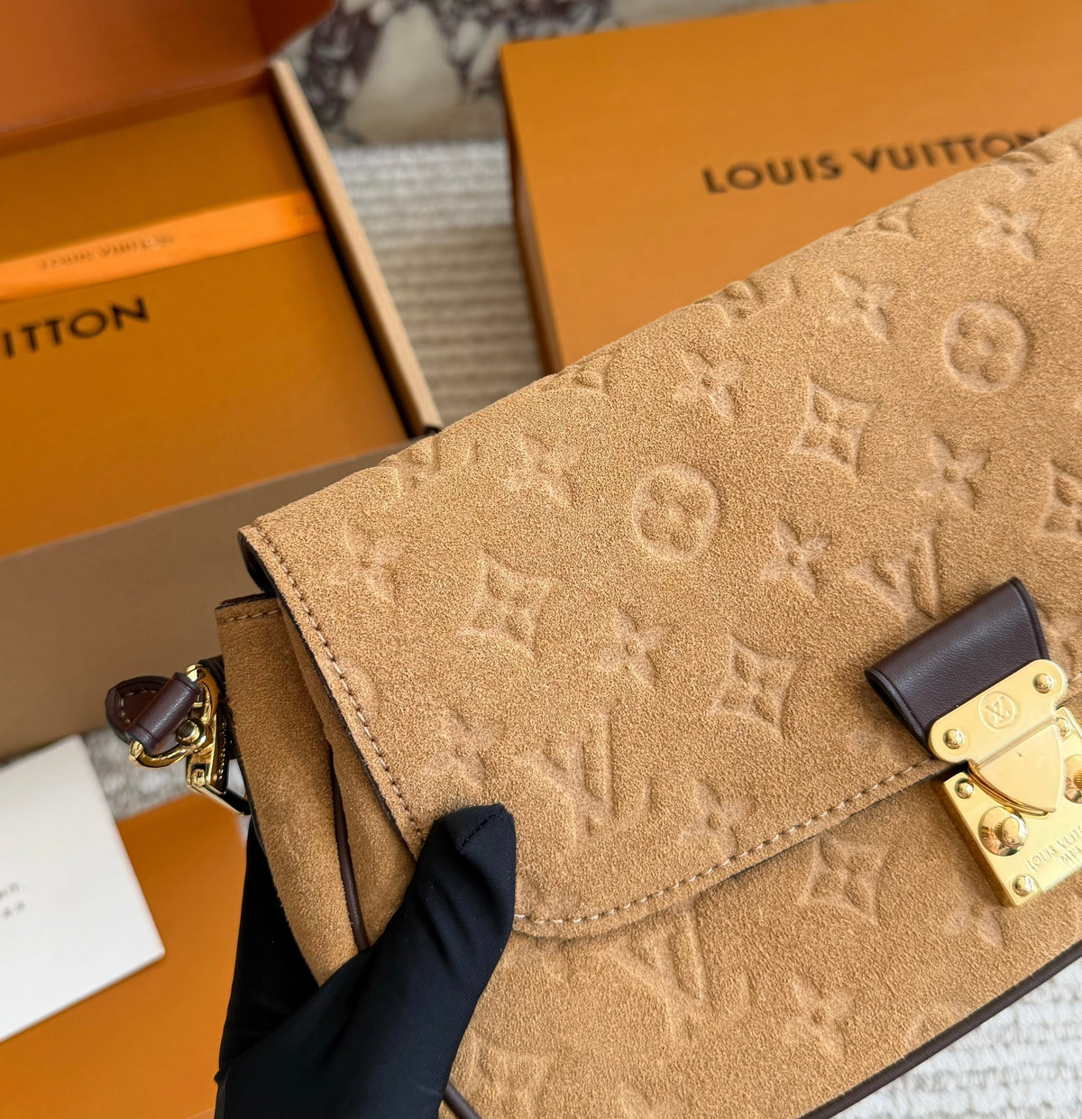 Cuero | Monogram Embossed Suede Shoulder Bag - Camel