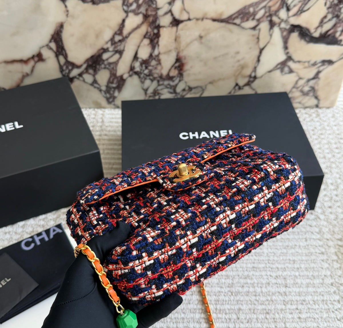 Cuero | Multicolor Tweed Charm Chain Flap Bag - Navy Red