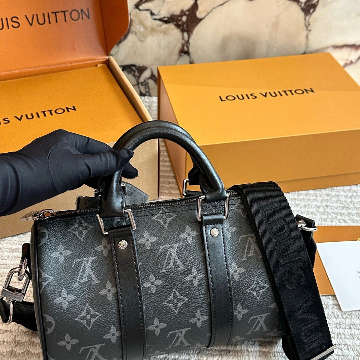 Cuero | Signature Monogram Duffle Crossbody Bag - Eclipse Black with Neon Chain
