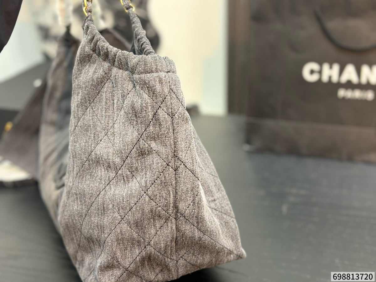 Cuero | Quilted Denim Chain Hobo Tote Bag - Grey