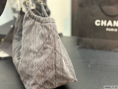 Cuero | Quilted Denim Chain Hobo Tote Bag - Grey