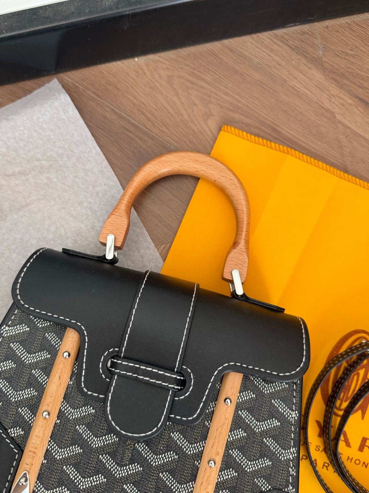 Cuero | Signature Monogram Wood Handle Top Handle Bag - Black Monogram