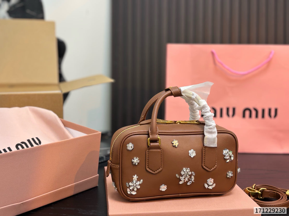 Cuero | Crystal Floral Embellished Mini Duffle Top Handle Bag - Tan Brown