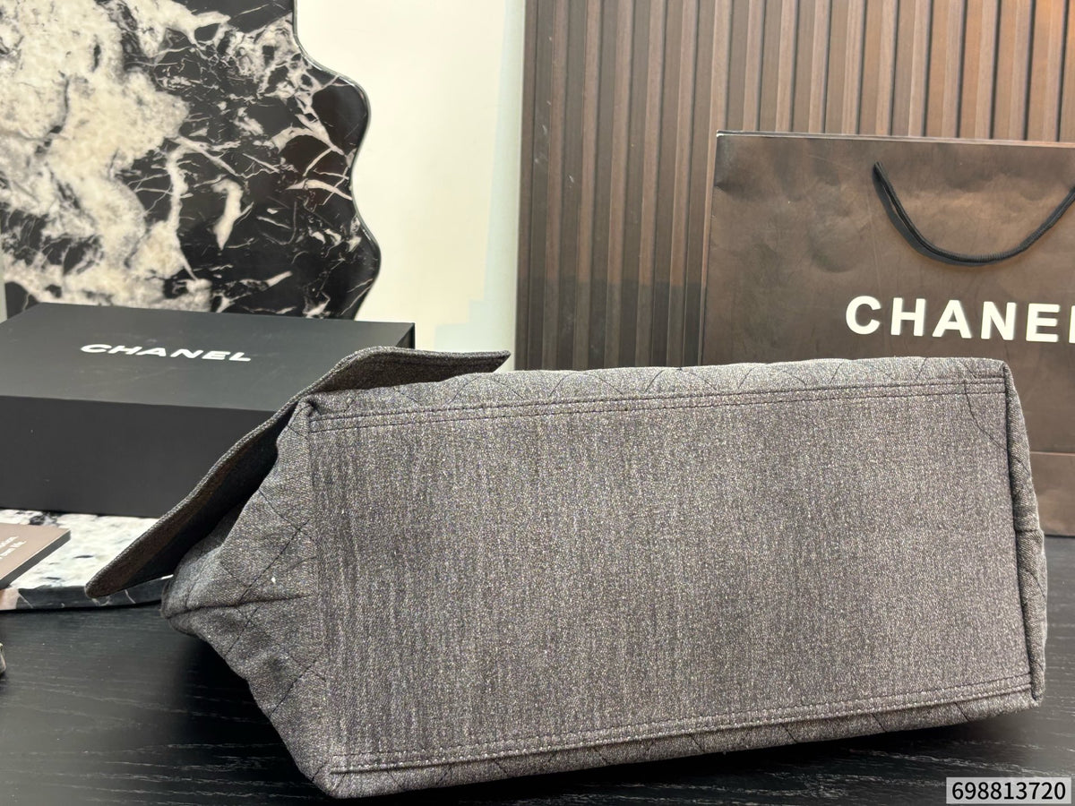 Cuero | Quilted Denim Chain Hobo Tote Bag - Grey