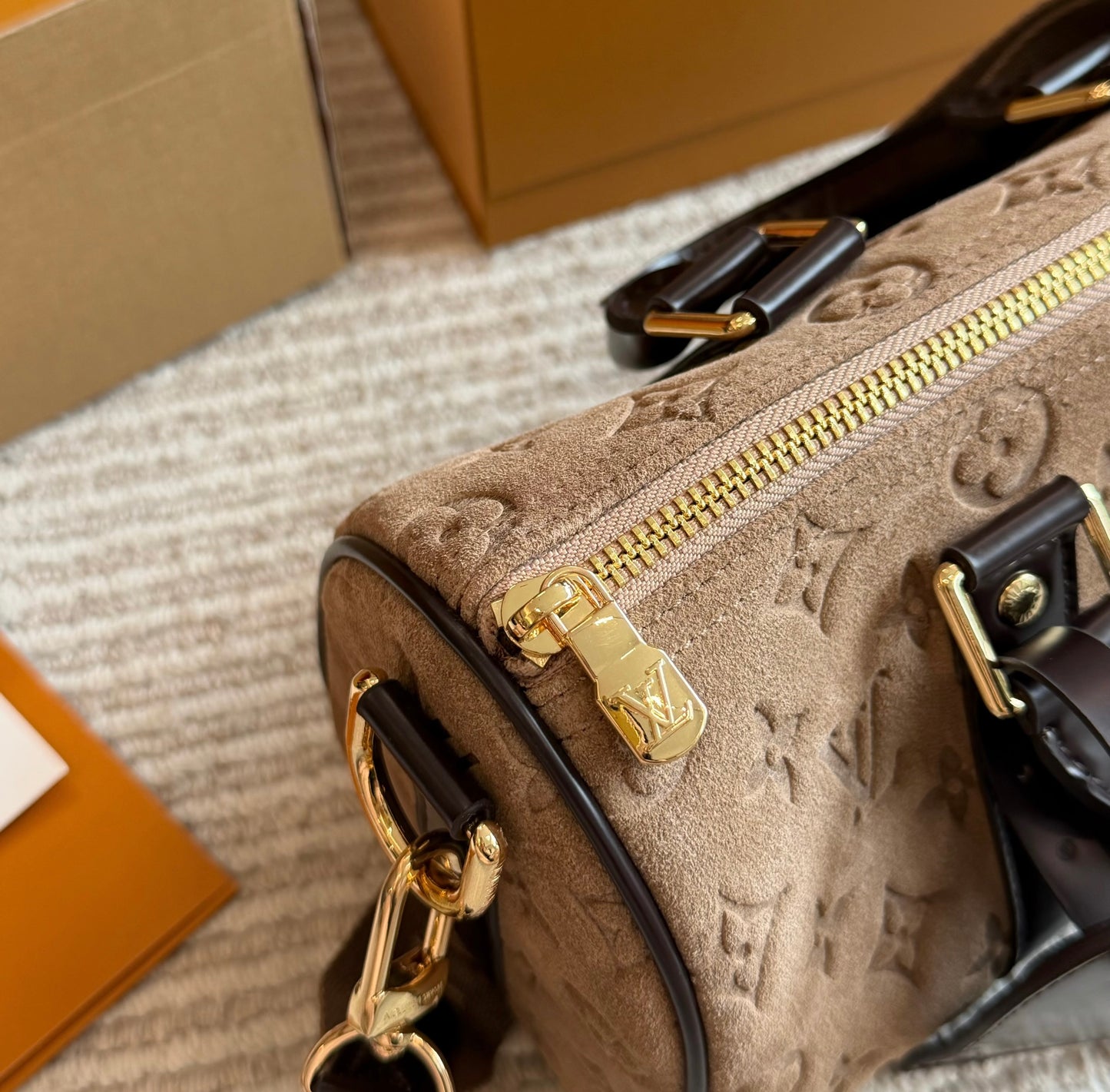 Cuero | Beige Monogram Embossed Boston Bag