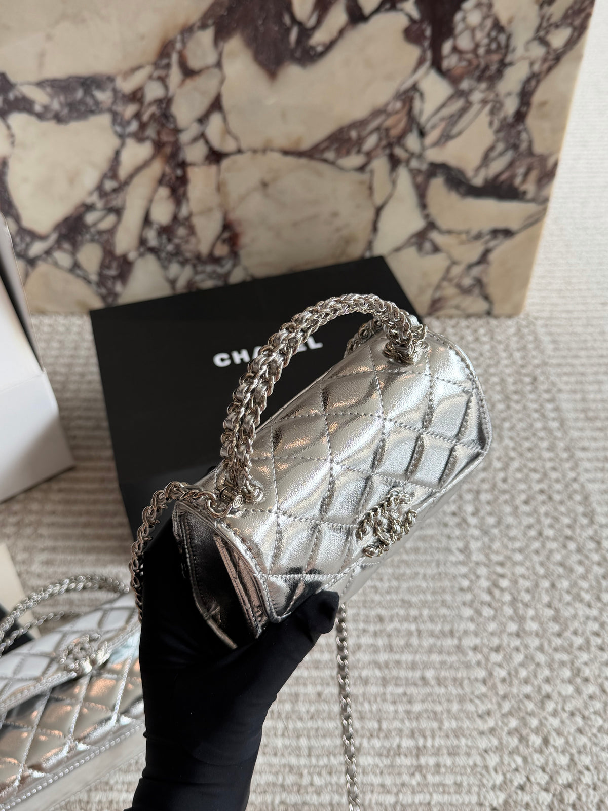 Cuero | Mini Quilted Top Handle Flap Bag - Metallic Silver