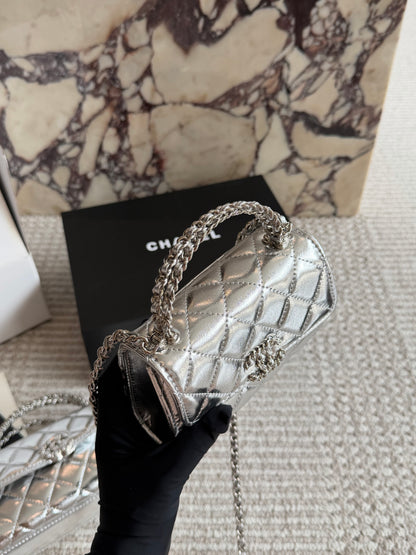 Cuero | Mini Quilted Top Handle Flap Bag - Metallic Silver