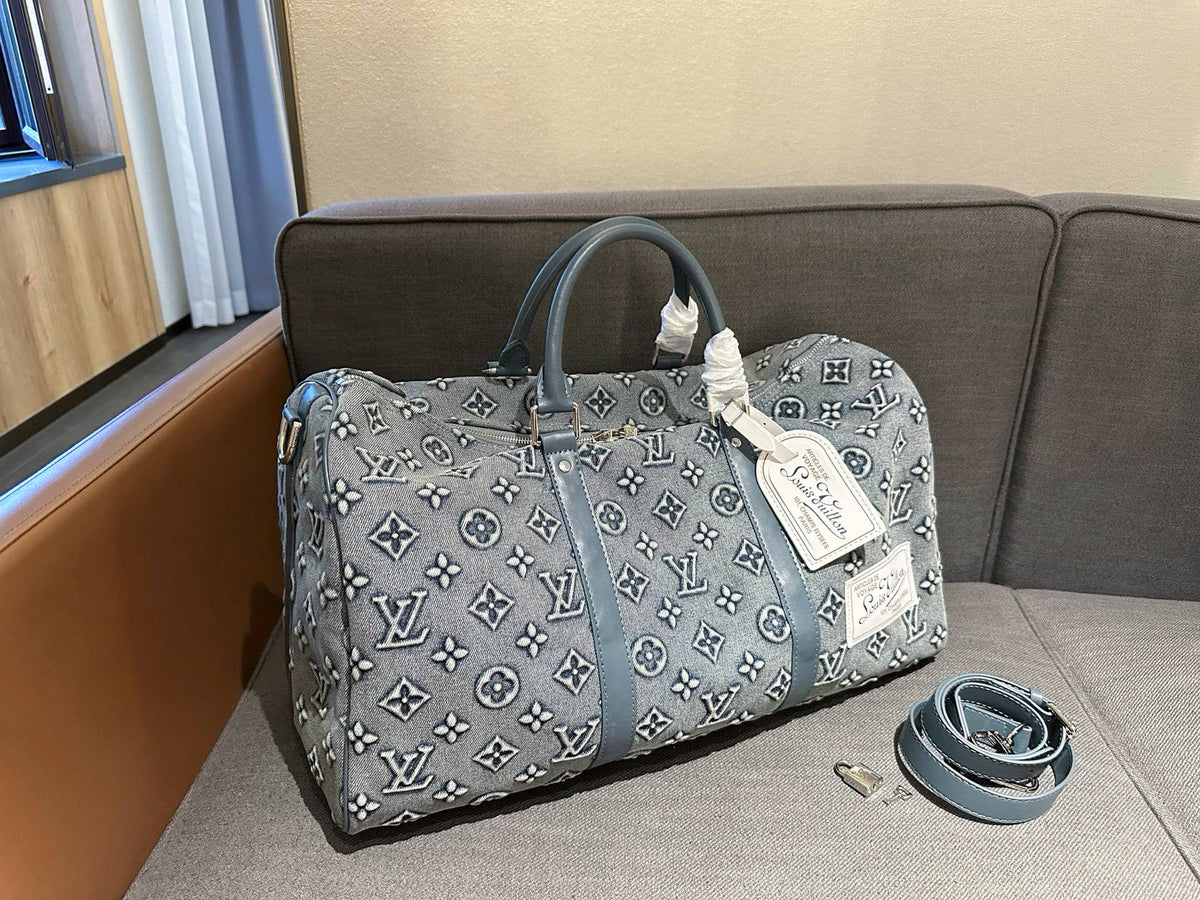 Cuero | Monogram Denim Boston Duffle Bag - Washed Grey Blue