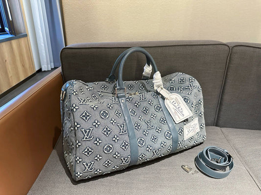 Cuero | Monogram Denim Boston Duffle Bag - Washed Grey Blue