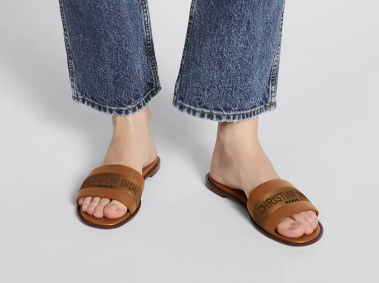 Cuero | Slide Dway Camel-colored embroidered cotton and calfskin leather