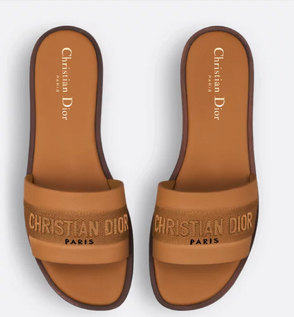 Cuero | Slide Dway Camel-colored embroidered cotton and calfskin leather