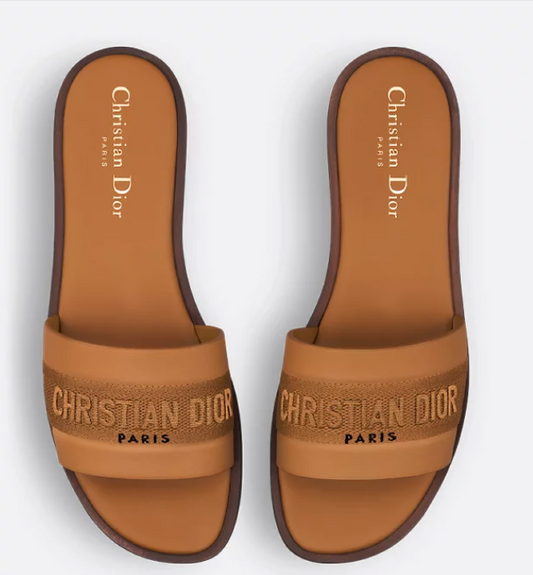 Cuero | Slide Dway Camel-colored embroidered cotton and calfskin leather