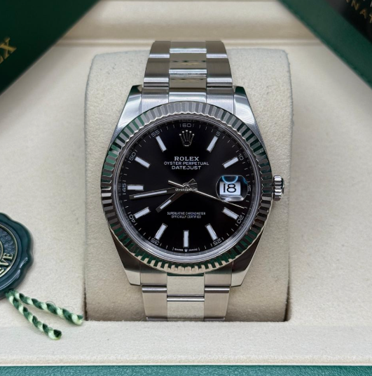 Cuero | Datejust 41 Bright Black Index Dial Stainless Steel Fluted Bezel Oyster Bracelet