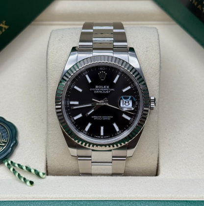 Cuero | Datejust 41 Bright Black Index Dial Stainless Steel Fluted Bezel Oyster Bracelet